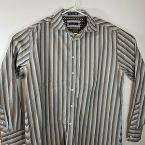 Robert Graham Mens XL Shirt Blue Brown Striped Long Sleeve Flip Cuffs Cotton
